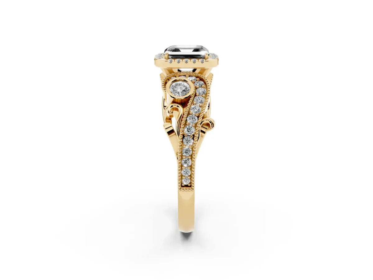 Fancy Black Asscher Cut Halo Diamond Ring with Milgrain and Bezel Accents on a Split Shank Band Yellow gold