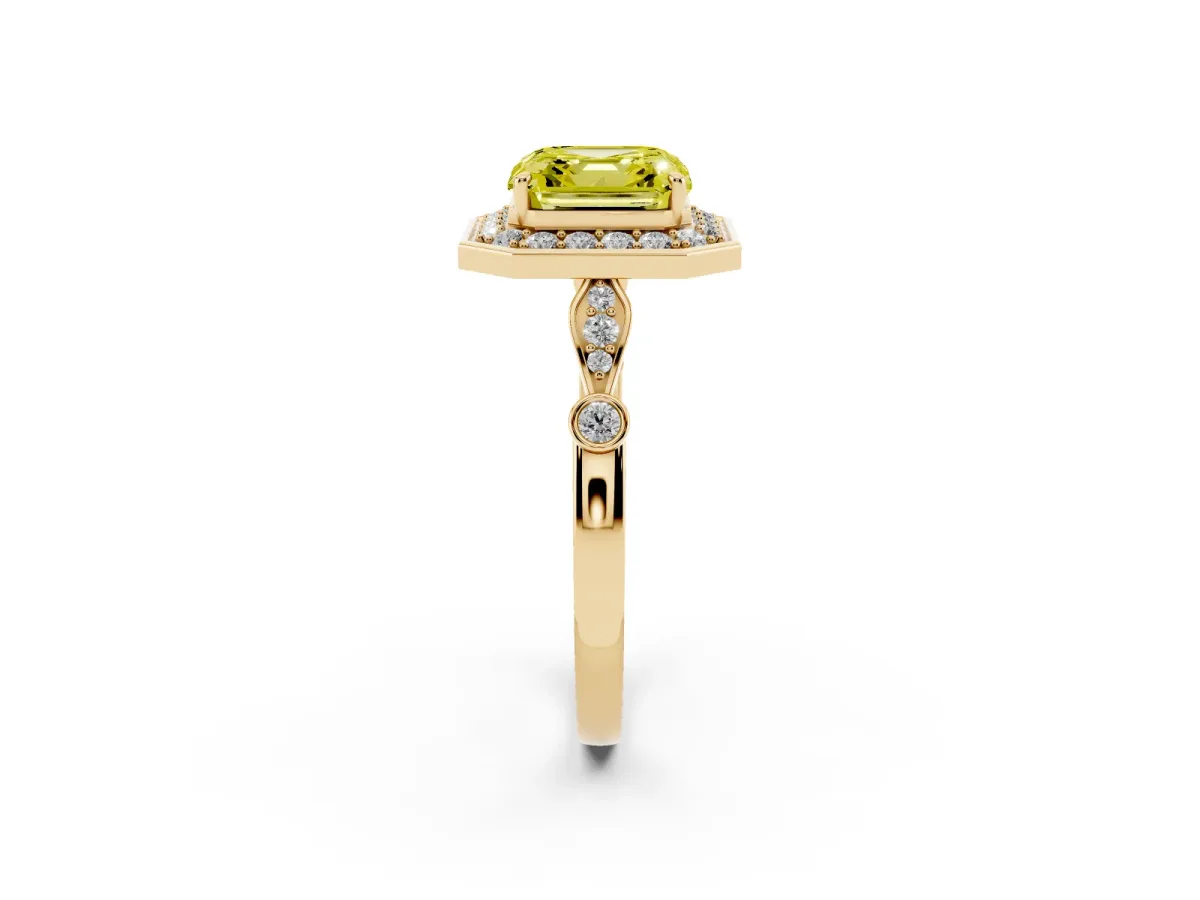 Fancy Yellow Asscher Cut Halo Diamond Engagement Ring with Twisted Band and Four-Prong Setting Yellow gold
