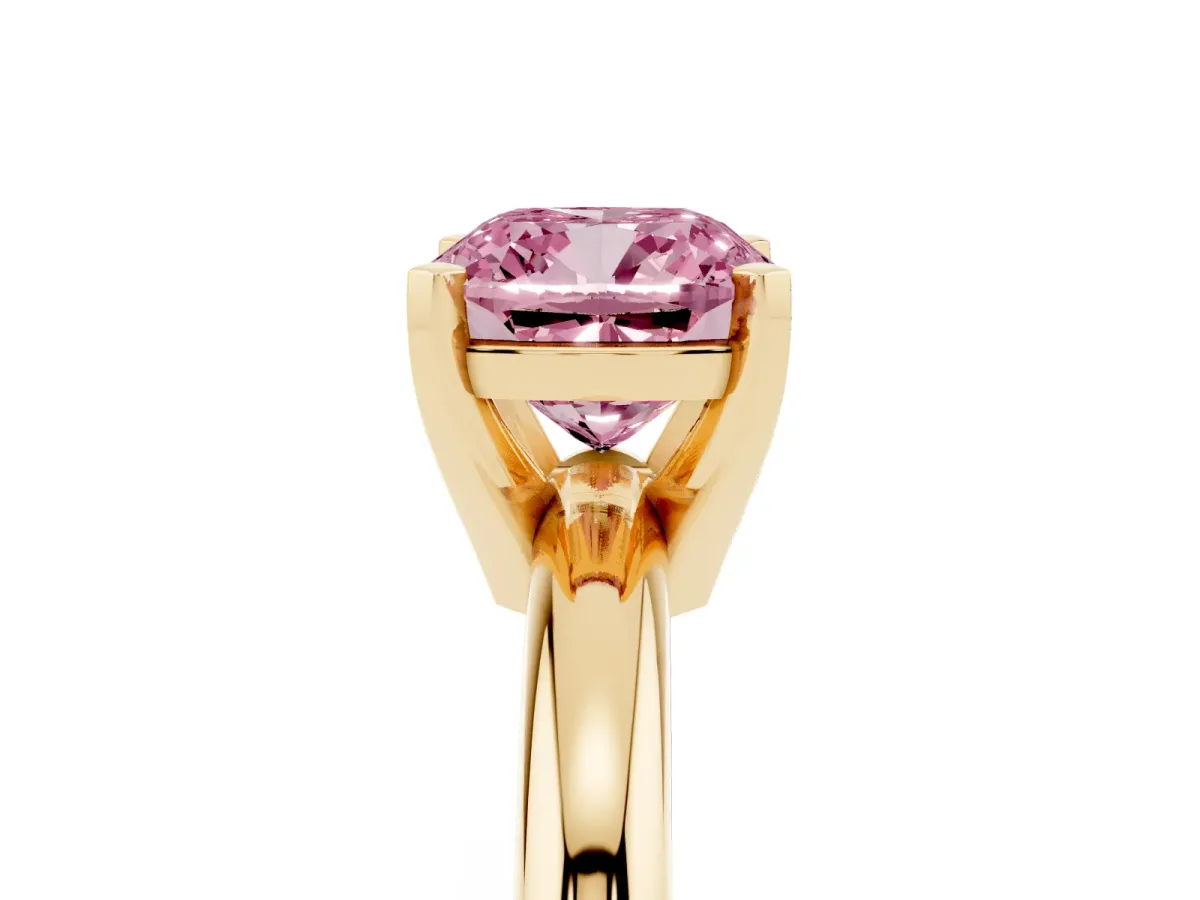 Fancy Pink Cushion Cut Diamond Solitaire Engagement Ring with Round Band and Four-Prong Setting Yellow gold