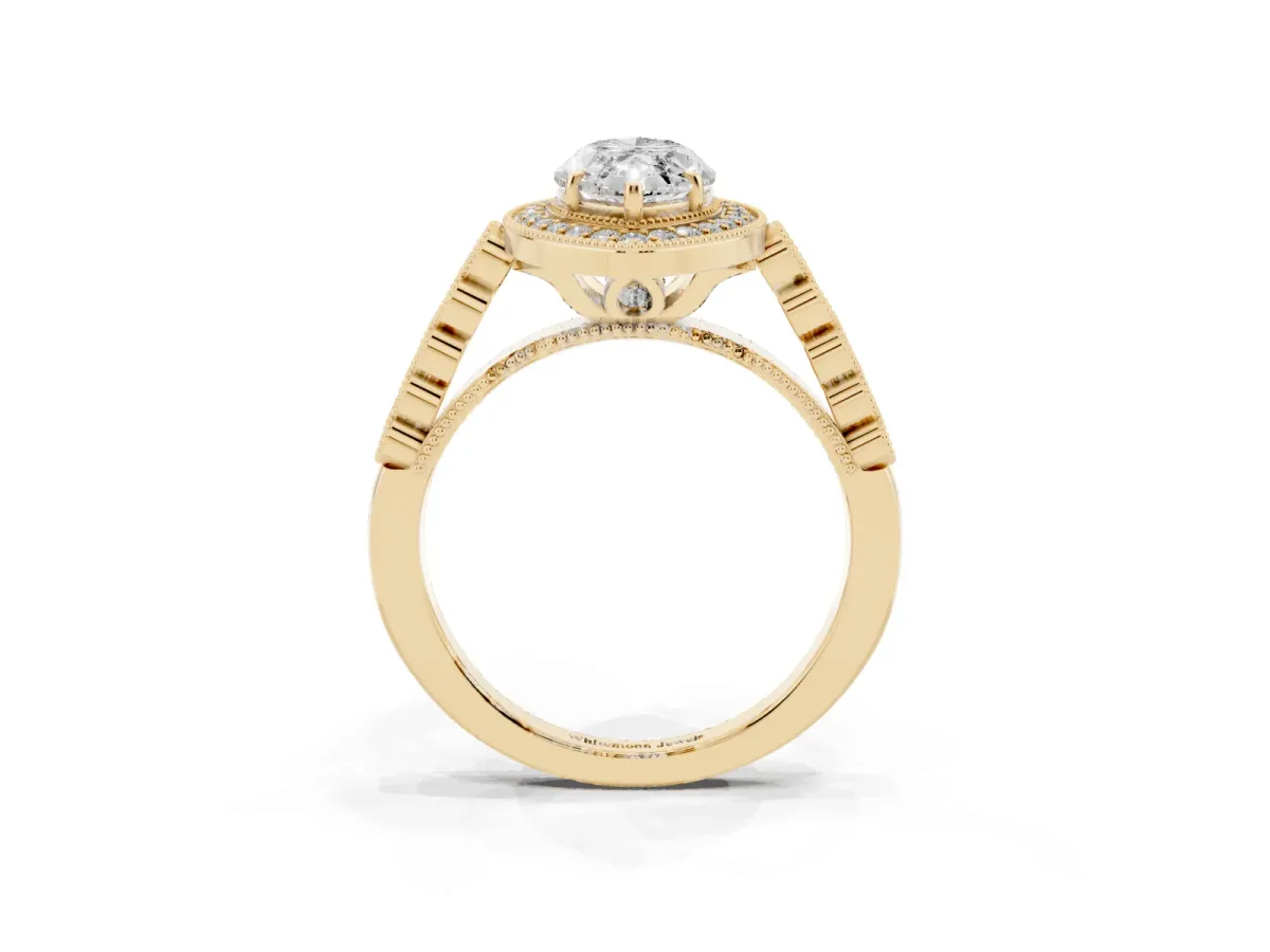 Marquise Cut Halo Milgrain Solitaire with Bezel Set Side Stones and Pave Band Yellow gold