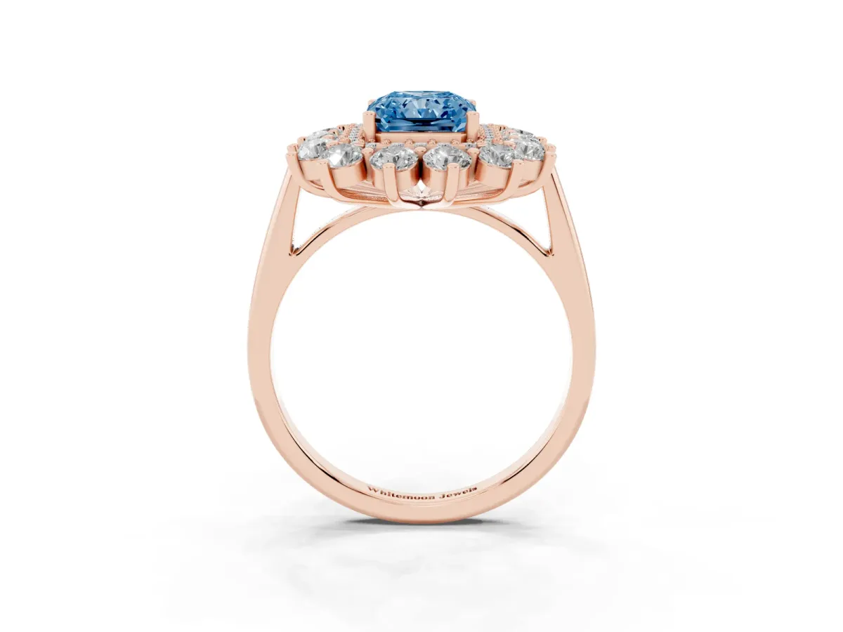 Fancy Blue Radiant Cut Diamond Floral Double Halo Engagement Ring with Prong Setting Rose gold