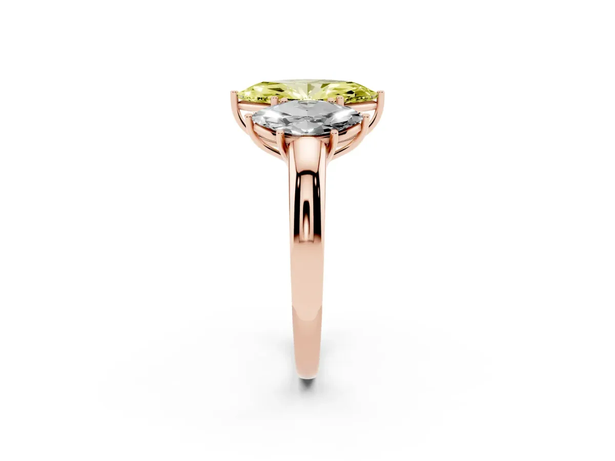 Fancy Yellow Marquise Cut Diamond Three-Stone Ring with Four-Prong Setting and Classic Band Rose gold