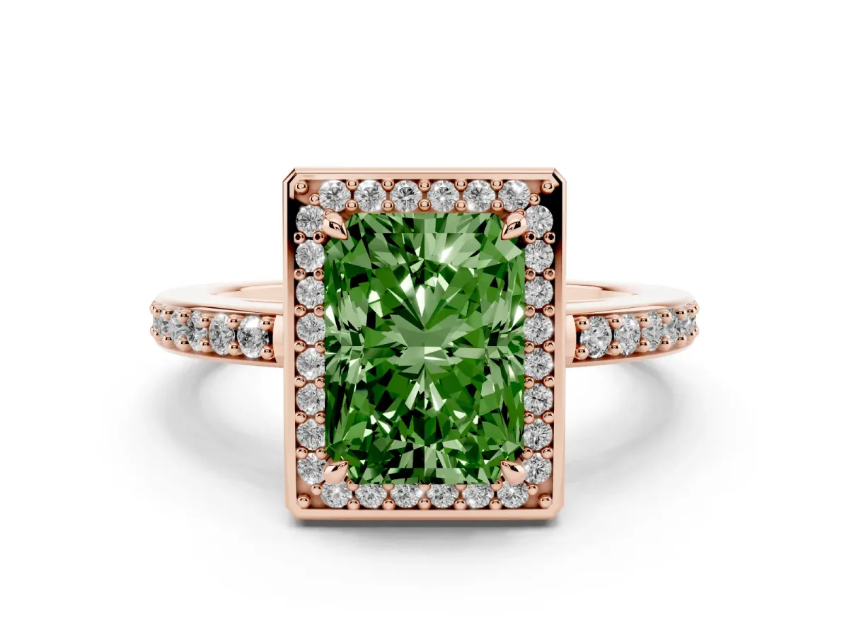 Fancy Green Radiant Cut Halo Pave Band Solitaire Ring with Prong Setting Rose gold