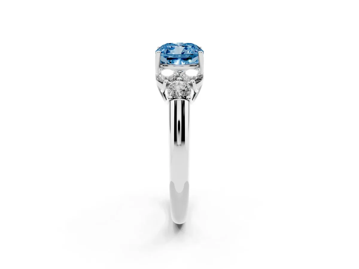 Fancy Blue Cushion Cut Cut Diamond Cluster Ring with Round Accent Stones and Prong Setting on a Classic Band White gold