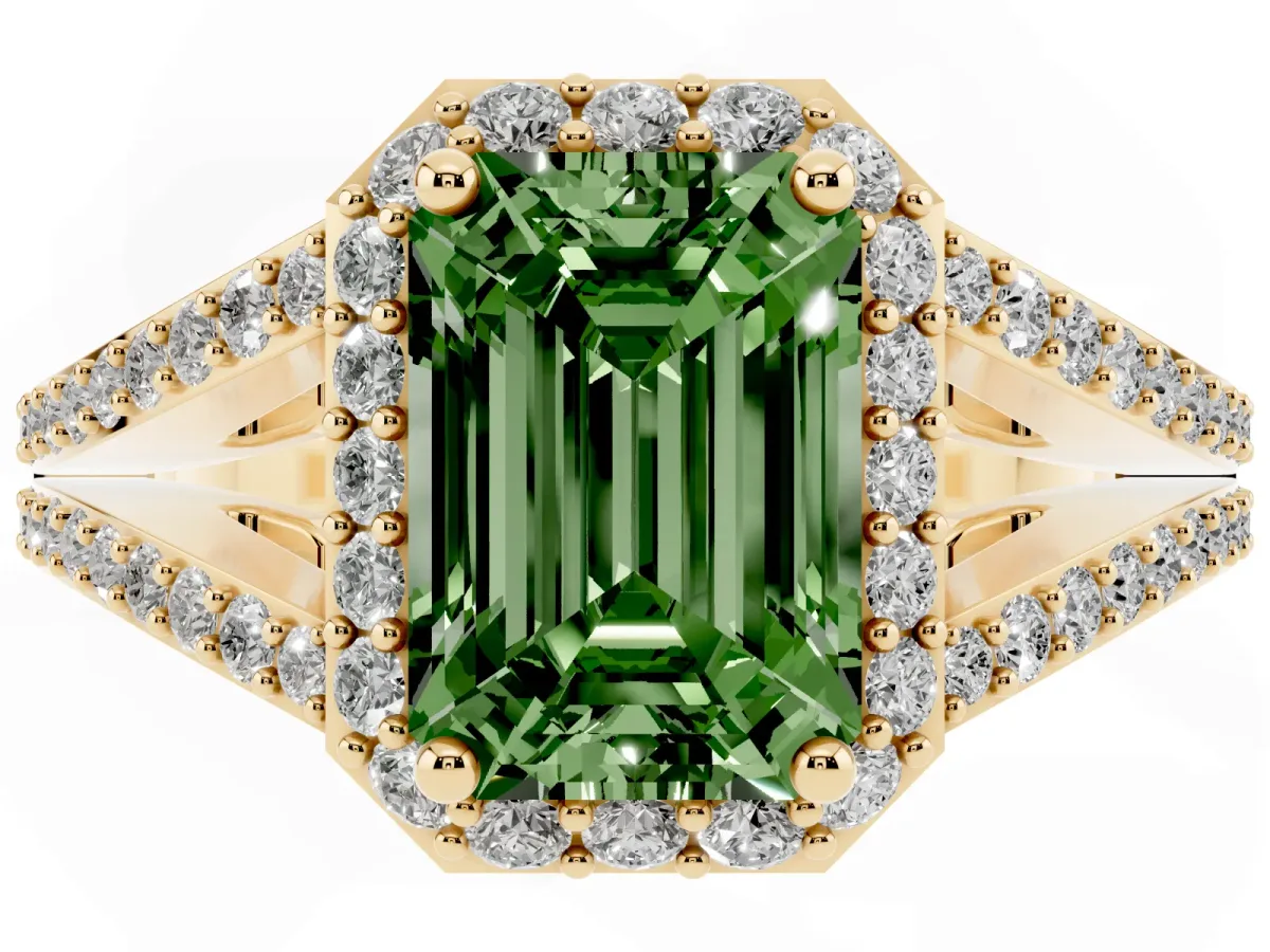 Fancy Green Emerald Cut Halo Split Shank Diamond Ring with Prong Setting Yellow gold