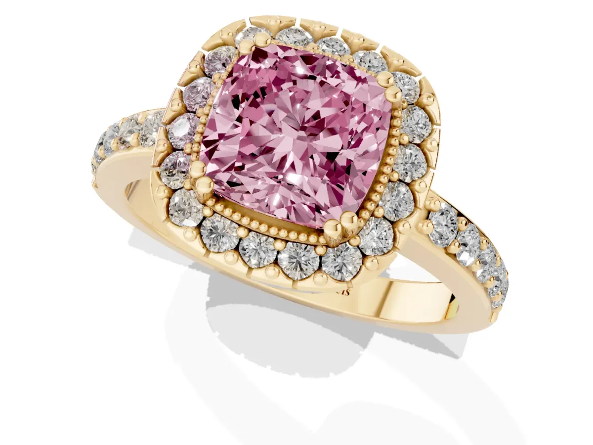 Fancy Pink Cushion Cut Diamond Halo Ring with Pavé Band and Prong Setting Yellow gold