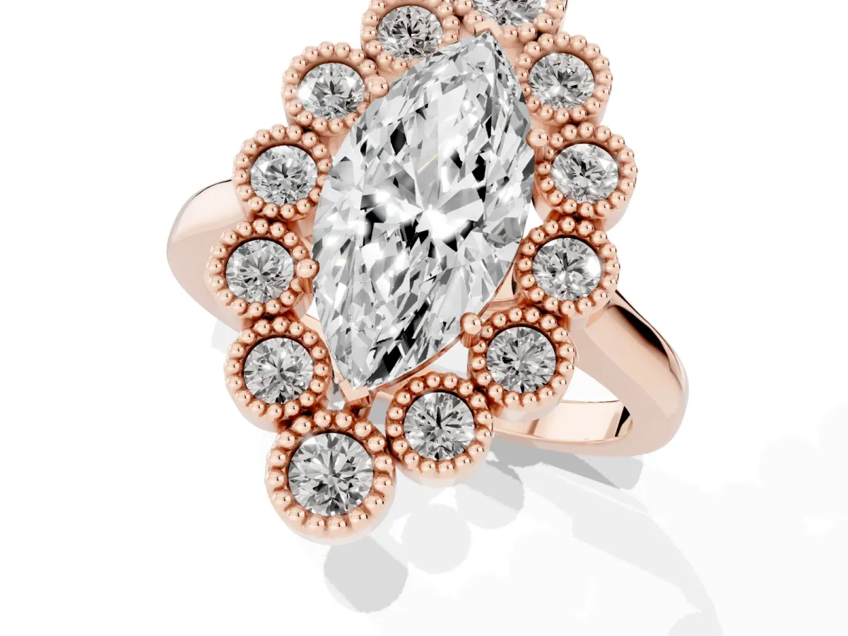 Marquise Cut Halo Diamond Cluster Engagement Ring with Milgrain Bezel Setting and Solitaire Band Rose gold