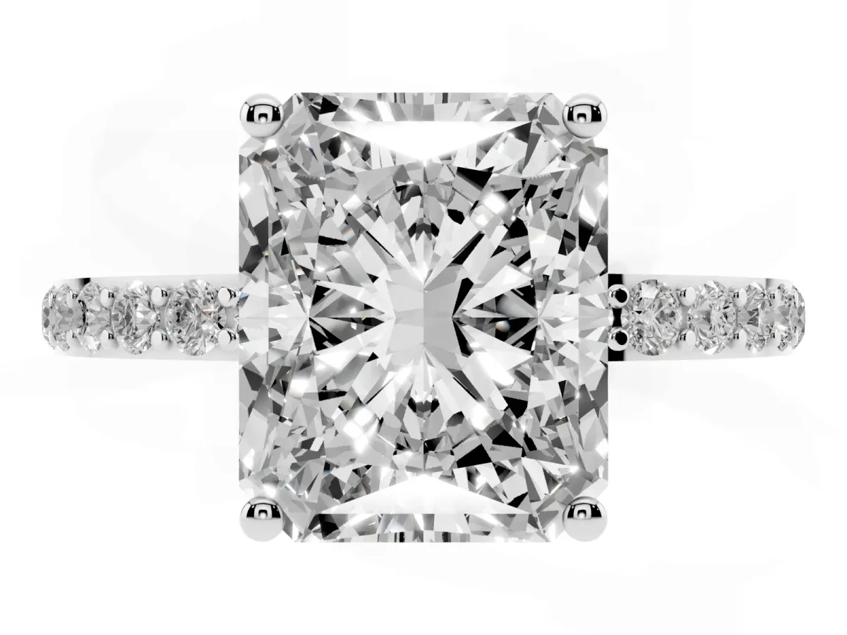 Radiant Cut Diamond Solitaire Ring with Round Pavé Shoulders and Prong Setting Platinum