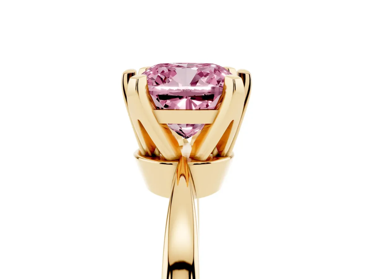 Fancy Pink Cushion Cut Solitaire Engagement Ring with Six-Prong Setting and Tapered Band Yellow gold