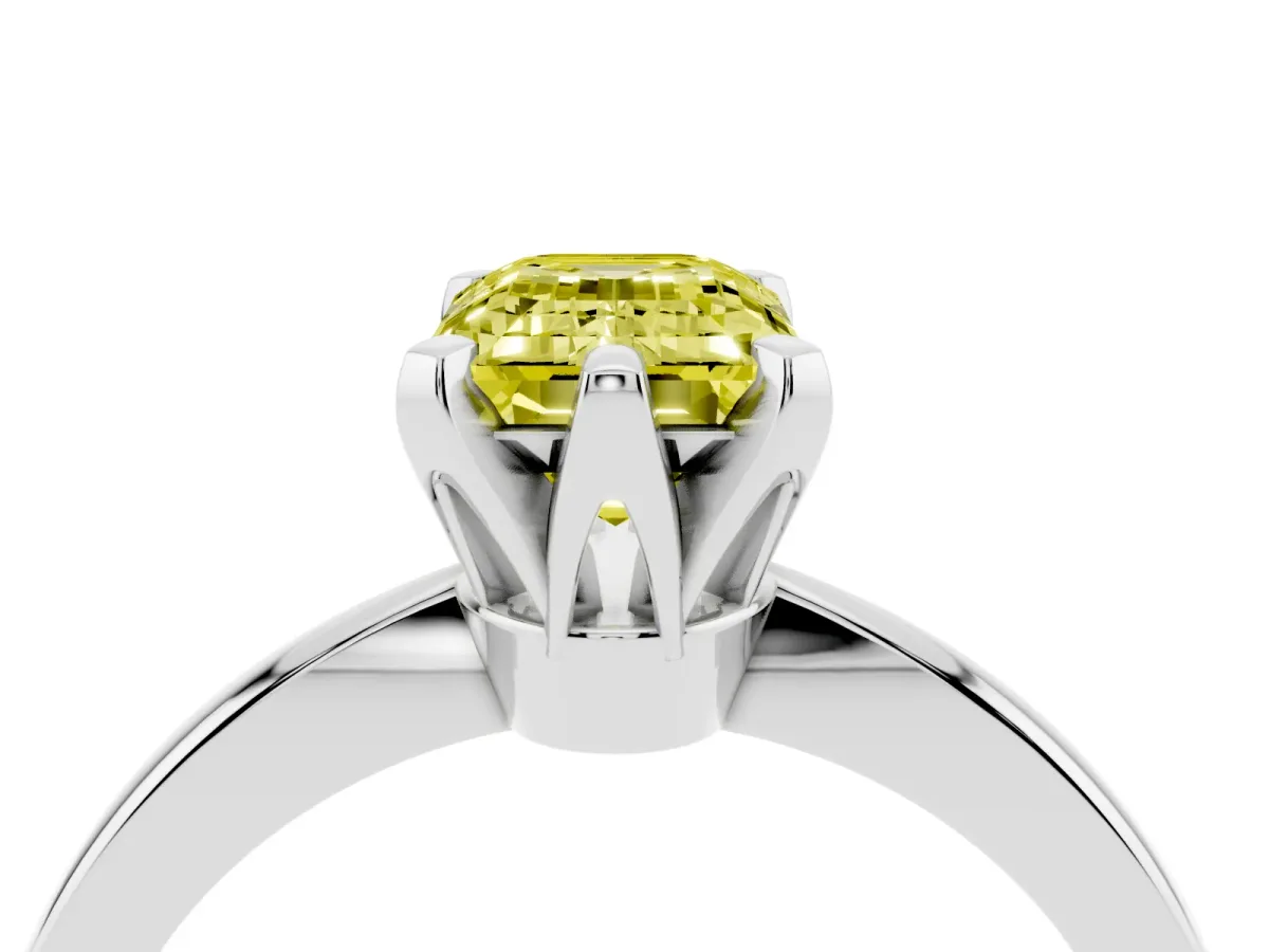 Fancy Yellow Emerald Cut Solitaire Engagement Ring with Six-Prong Setting and Tapered Band Silver