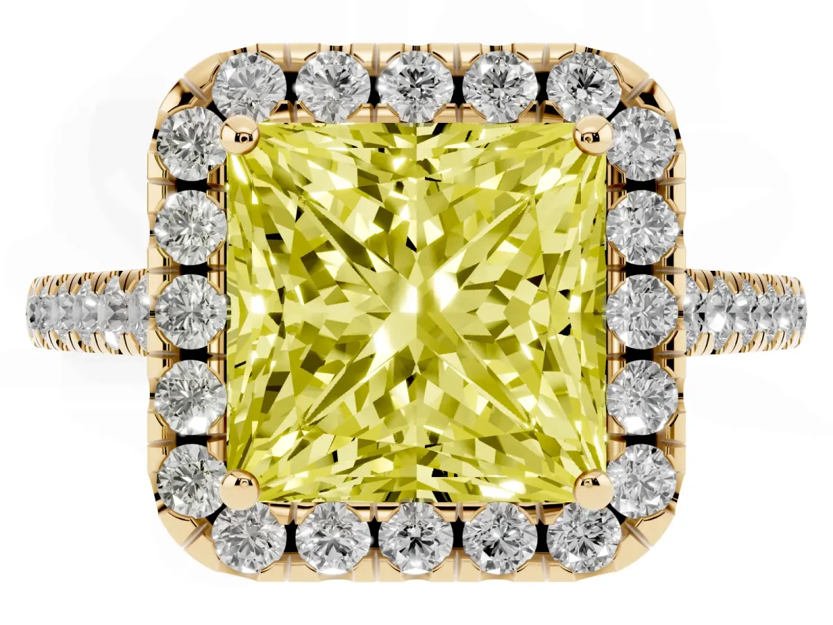 Fancy Yellow Princess Cut Halo Pave Diamond Engagement Ring with Four-Prong Setting Yellow gold