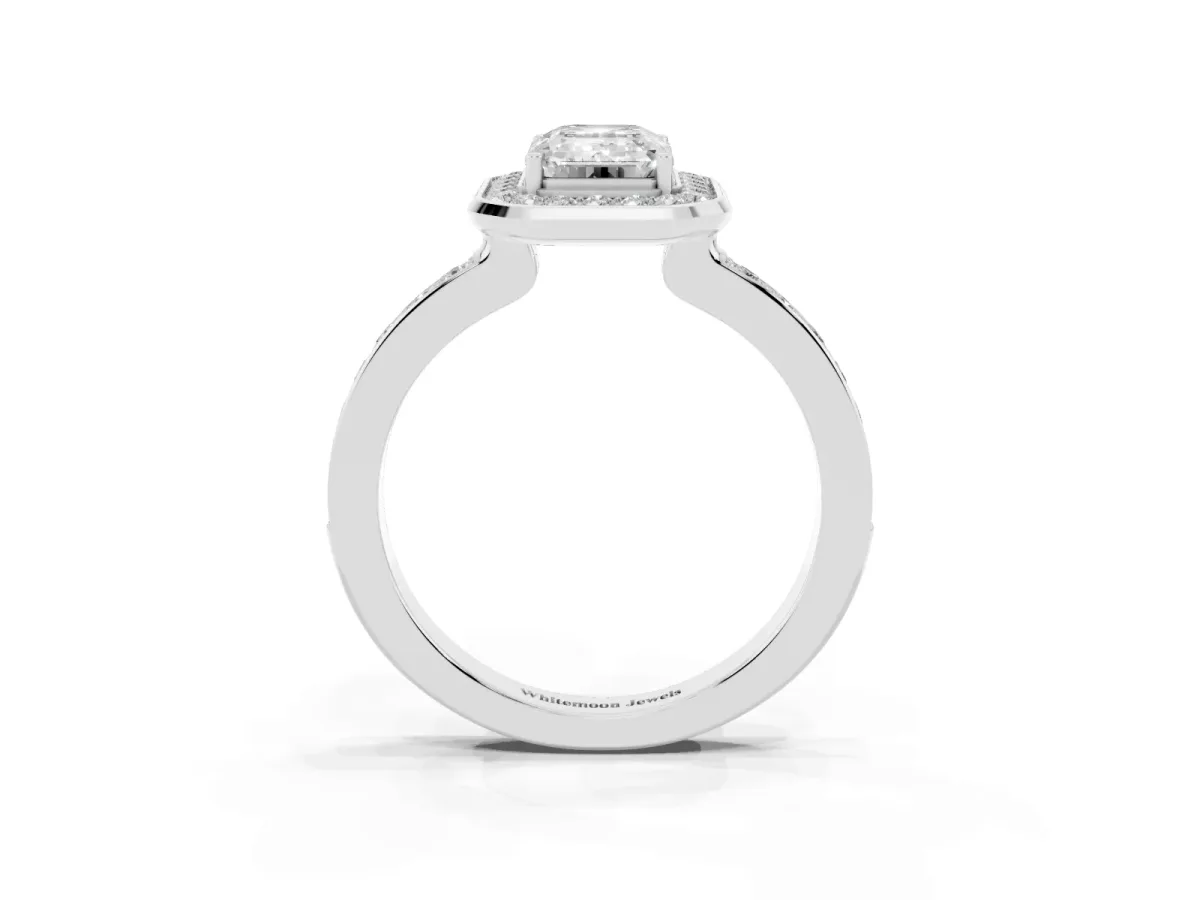Emerald Cut Diamond Halo Ring with Bezel Frame and Pavé Band Platinum