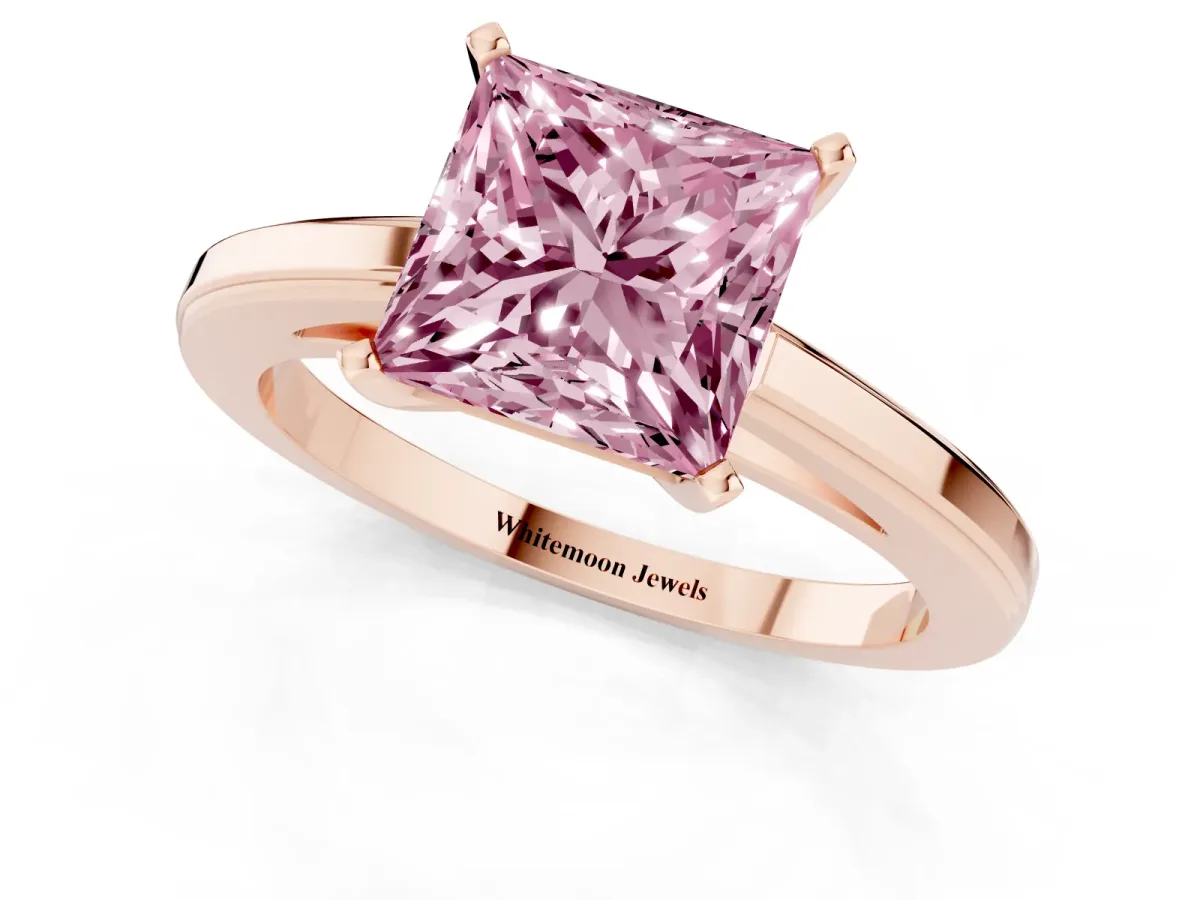 Fancy Pink Princess Cut Solitaire Diamond Ring with Four-Prong Setting and Classic Band Rose gold