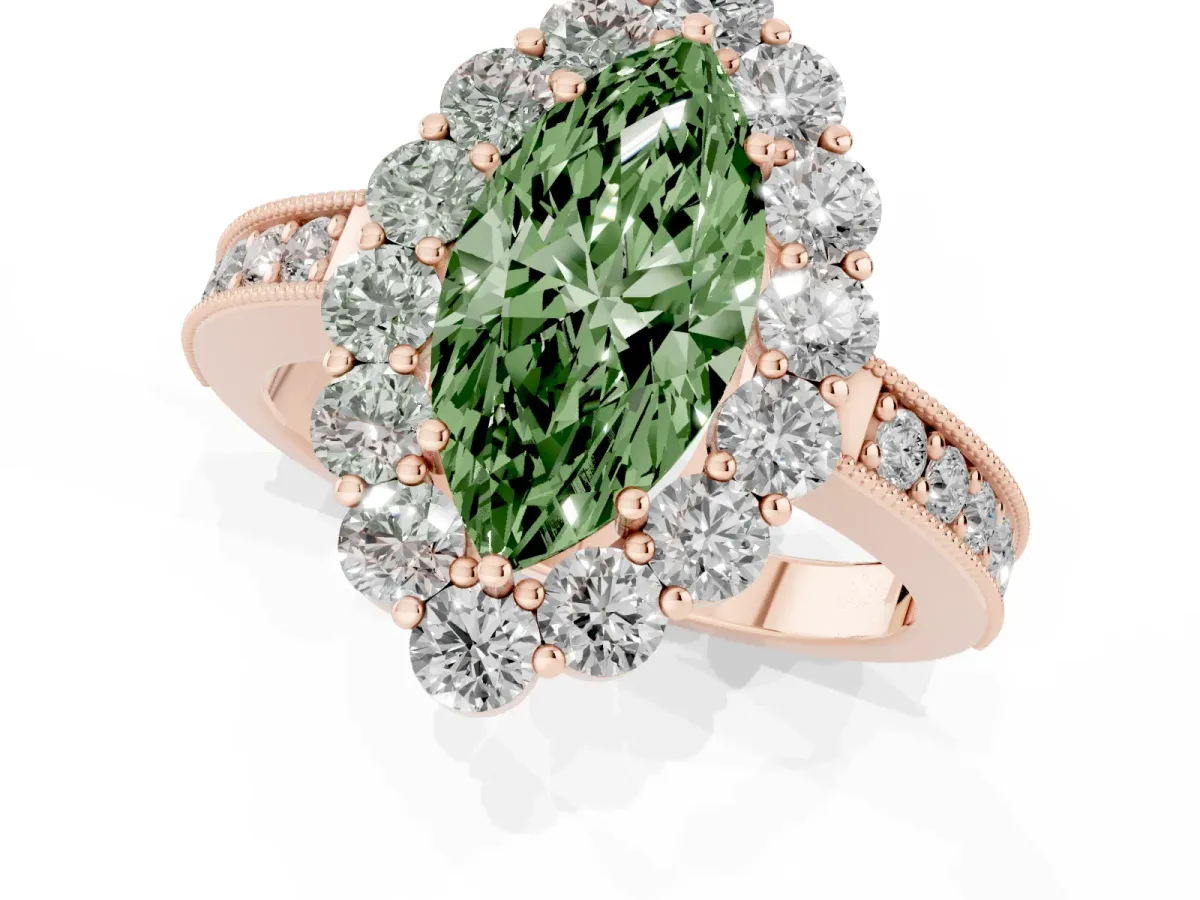 Fancy Green Marquise Cut Cut Halo Diamond Pavé Engagement Ring with Milgrain Detailing Rose gold