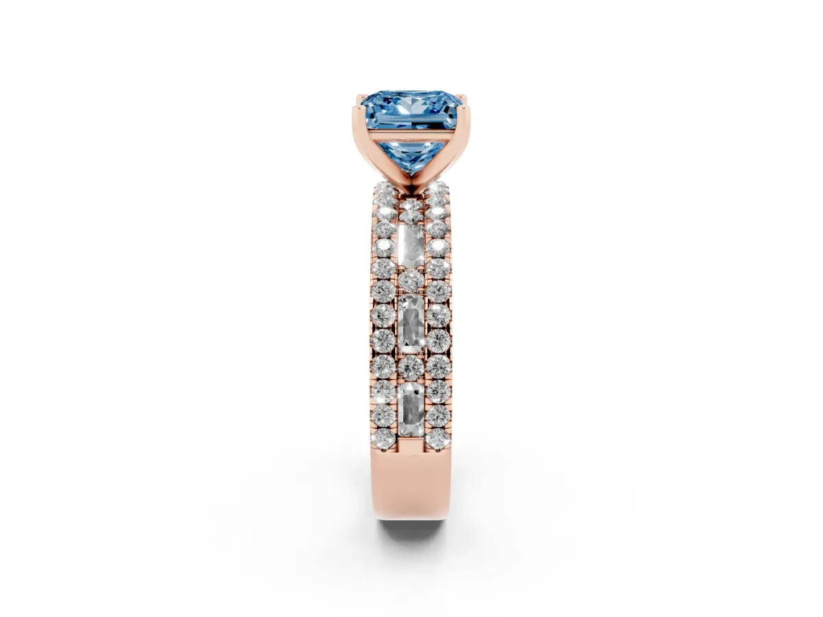 Fancy Blue Princess Cut Diamond Solitaire Ring with Pavé and Channel Set Band Rose gold
