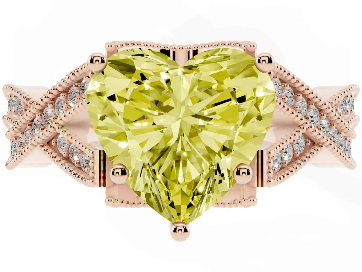 Fancy Yellow Heart Cut Cut Diamond Twisted Band with Milgrain Pave Setting and Four-Prong Setting Rose gold