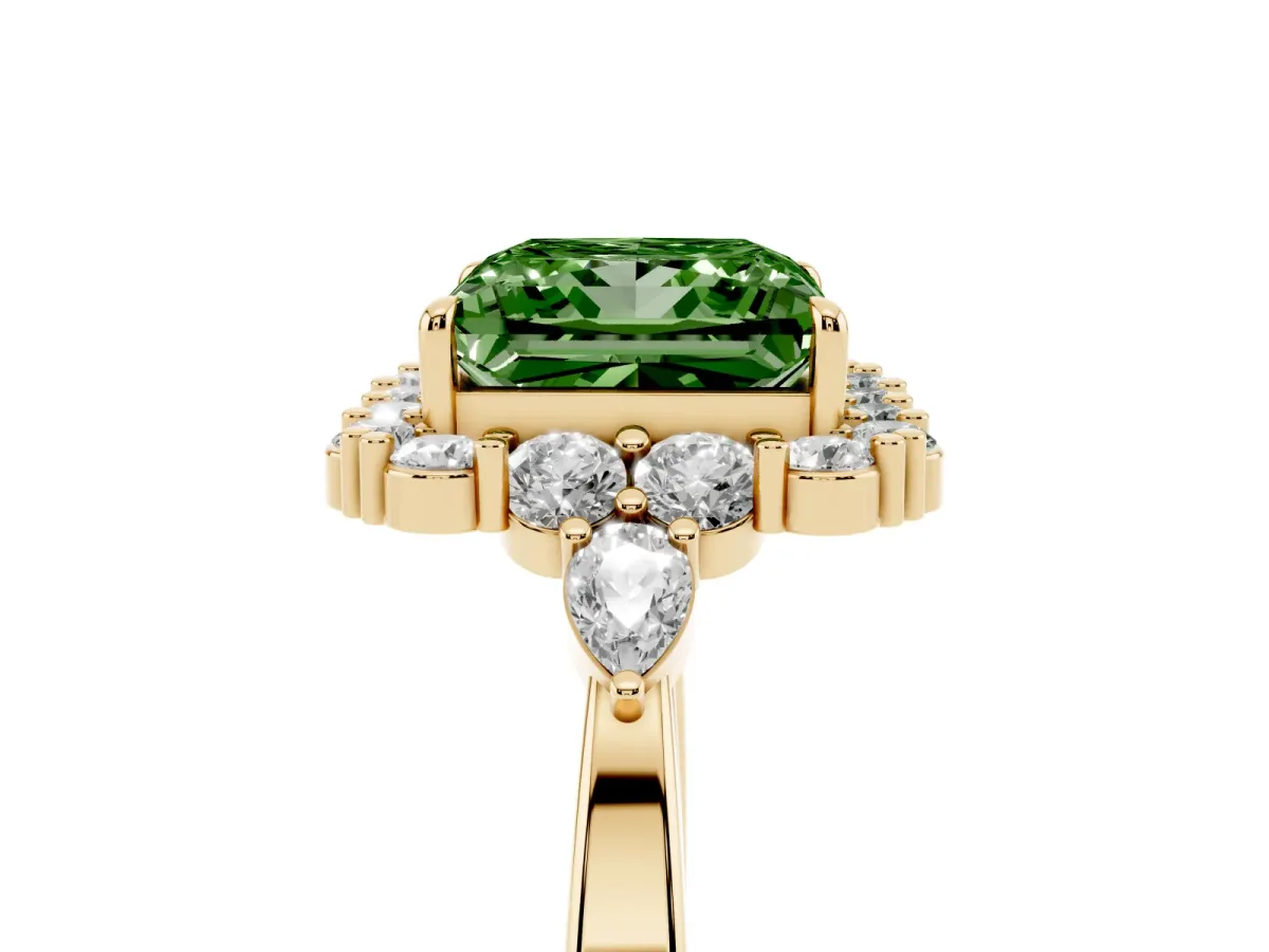 Fancy Green Princess Cut Diamond Halo Ring with Pear Side Stones and Prong Setting Yellow gold