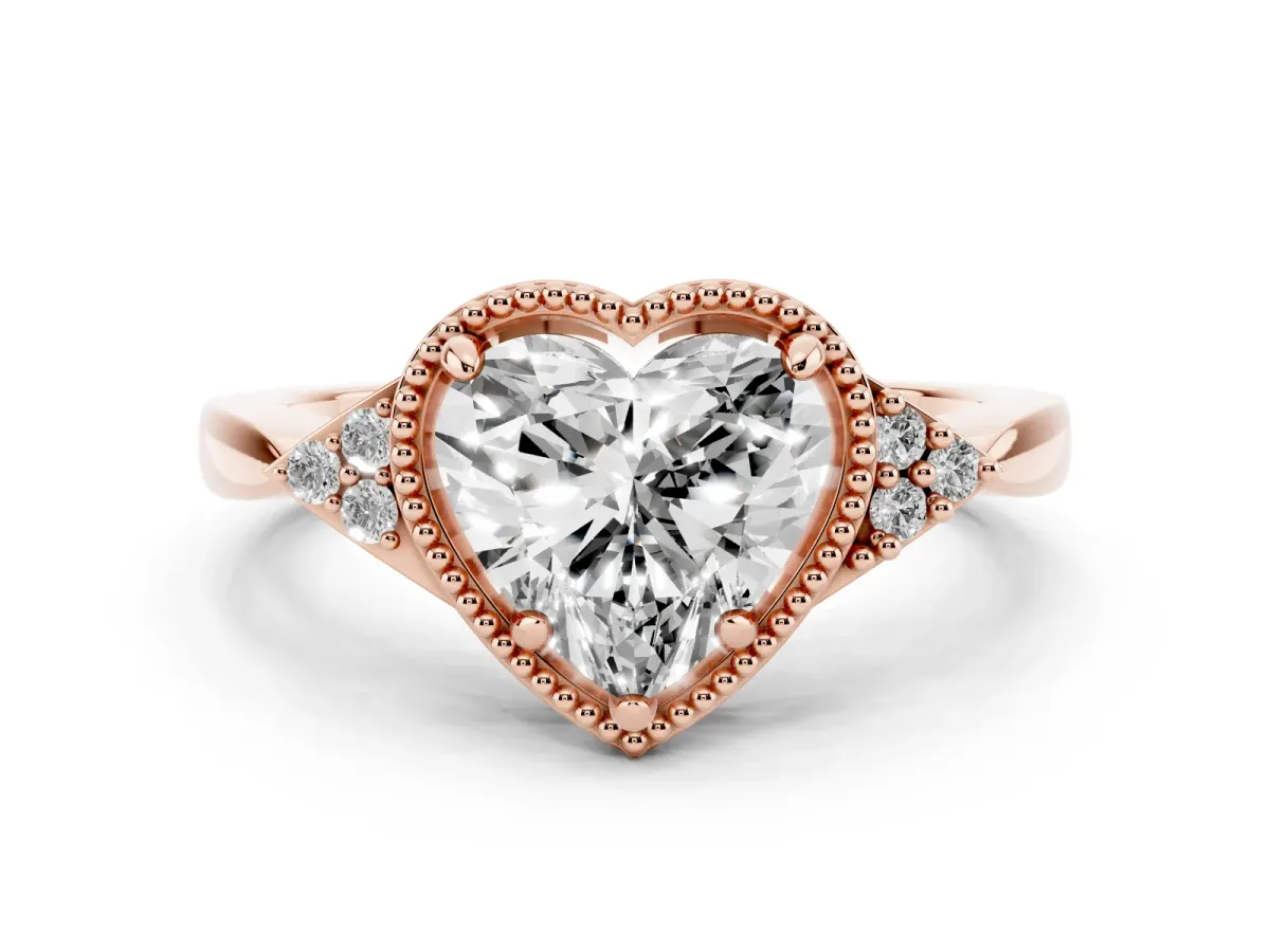 Milgrain Heart Cut Cut Diamond Ring with Tapered Pave Band and Four Prong Setting Rose gold