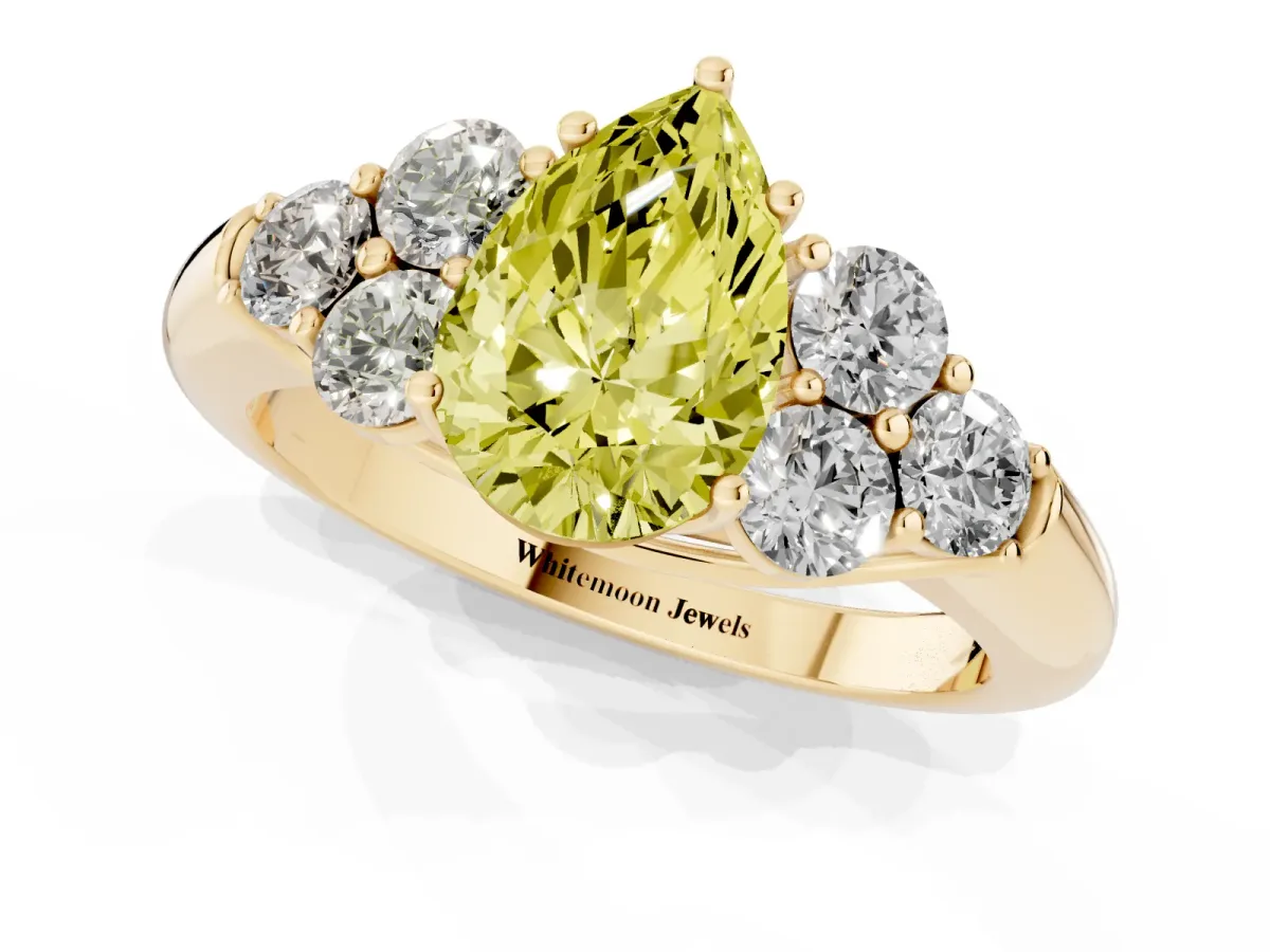 Fancy Yellow Pear Cut Cut Diamond Cluster Ring with Round Accent Stones and Prong Setting on a Classic Band Yellow gold