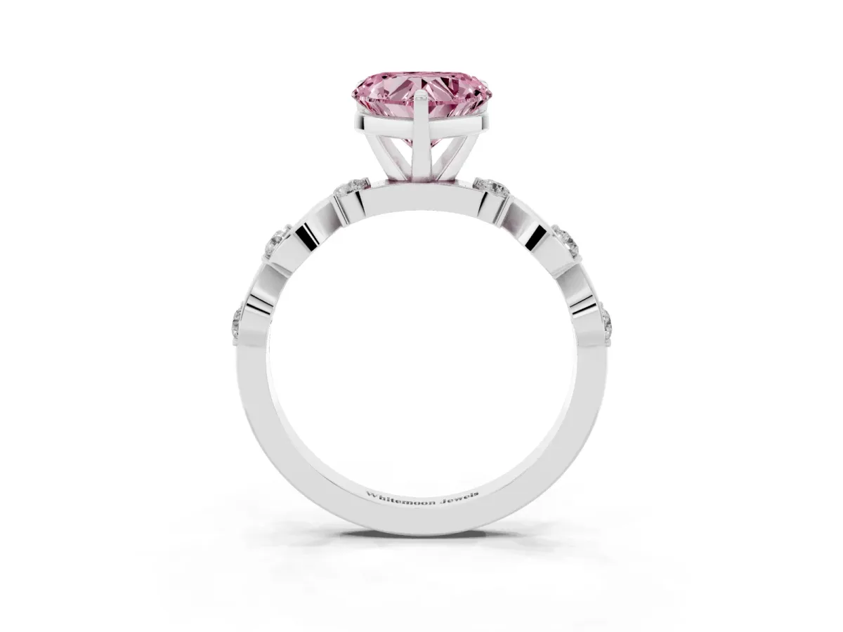 Fancy Pink Heart Cut Diamond Solitaire Twisted Band with Round Accents and Prong Setting White gold