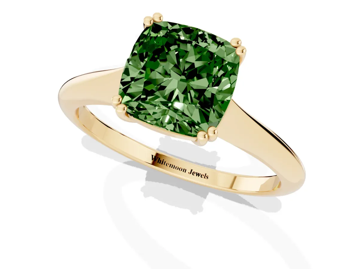 Fancy Green Cushion Cut Solitaire Diamond Ring with Six-Prong Setting and Classic Band Yellow gold