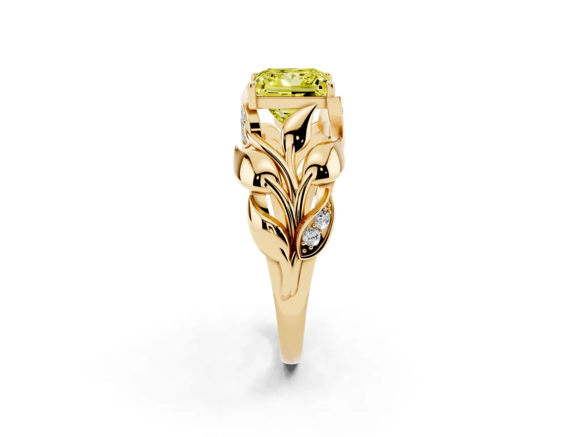 Fancy Yellow Princess Cut Diamond Leaf-Inspired Engagement Ring with Round Accents and Prong Setting Yellow gold