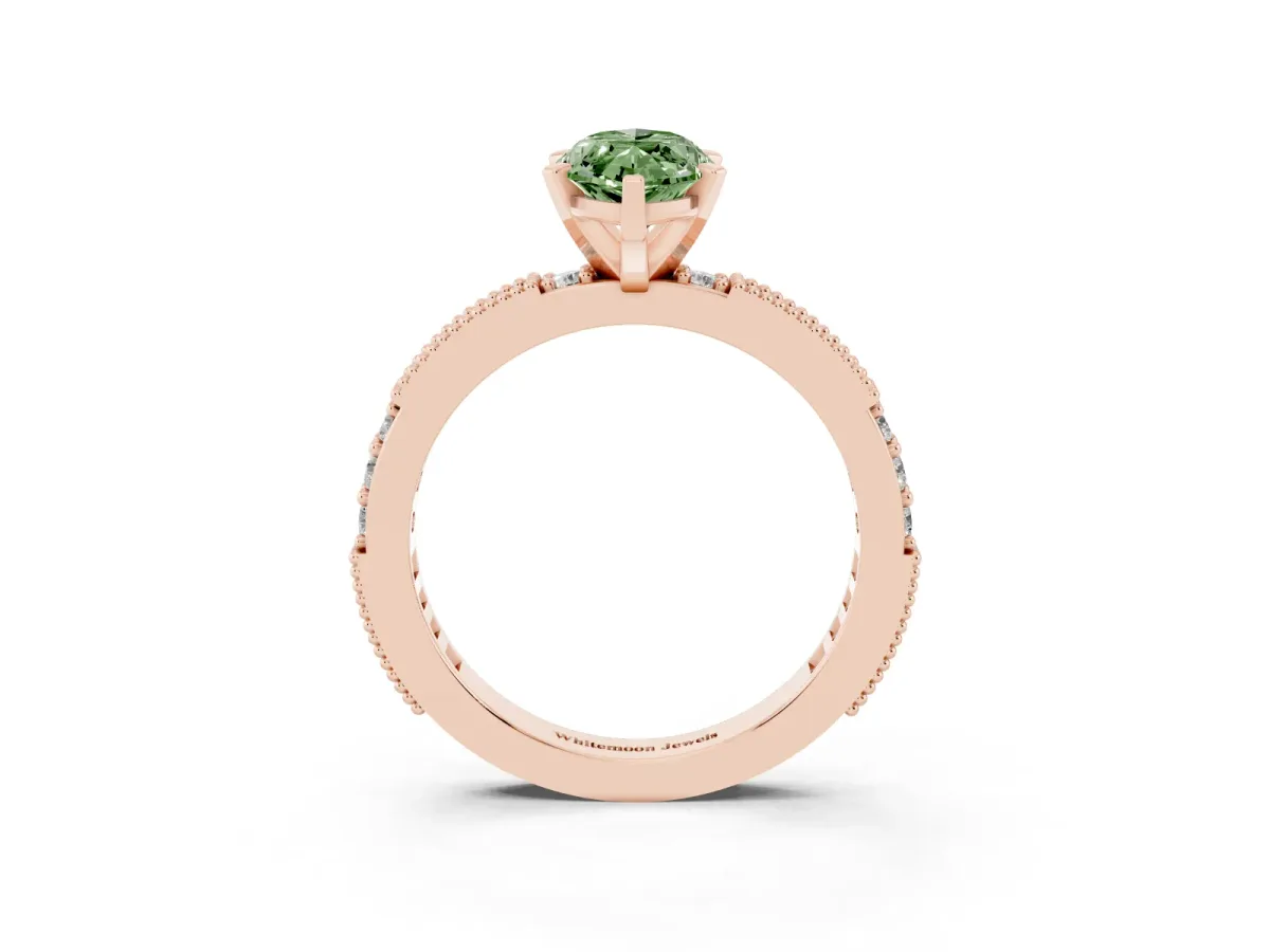Fancy Green Marquise Cut Solitaire with Pavé Band and Four-Prong Setting Rose gold