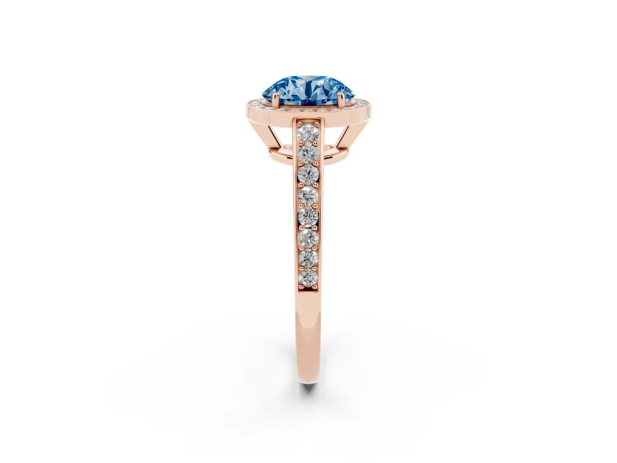 Fancy Blue Round Cut Halo Pavé Diamond Engagement Ring with Bezel Setting Rose gold