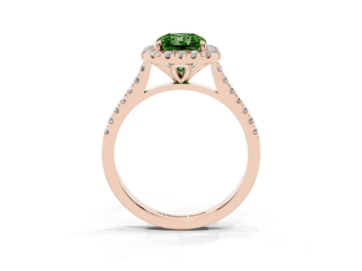Fancy Green Radiant Cut Diamond Cushion Halo Ring with Pavé Band Rose gold