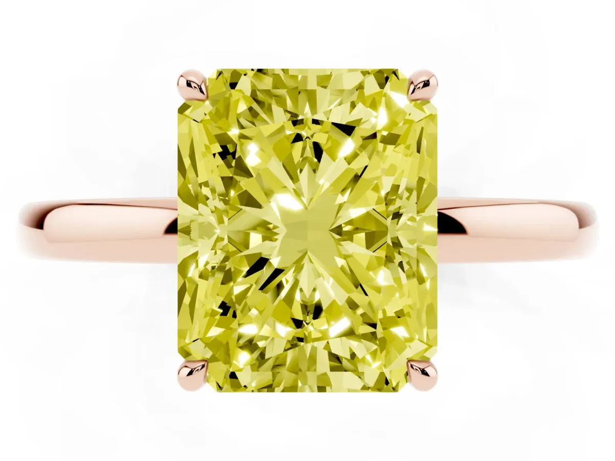 Fancy Yellow Radiant Cut Solitaire Engagement Ring with Cathedral Band and Four-Prong Setting Rose gold