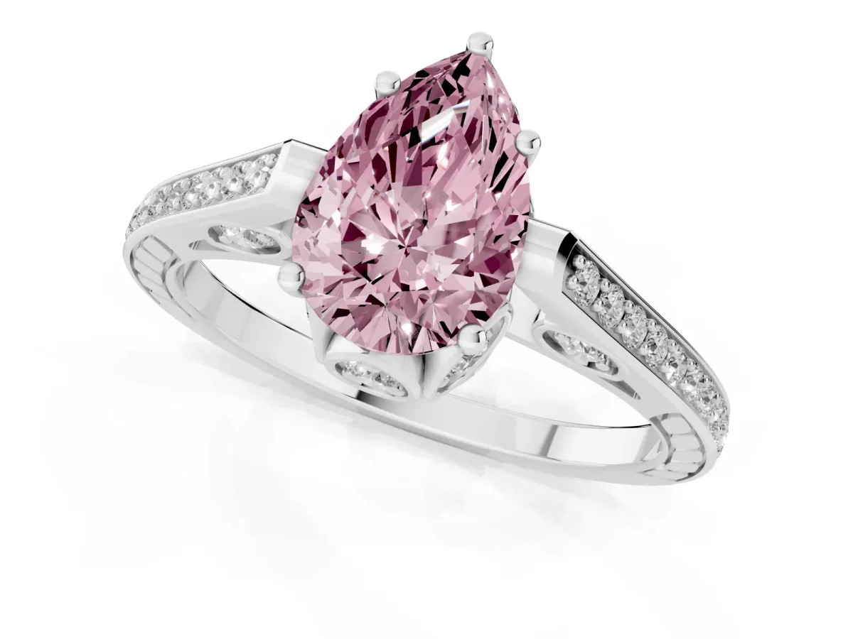 Fancy Pink Pear Cut Cut Cathedral Pave Diamond Engagement Ring with Six-Prong Setting Silver