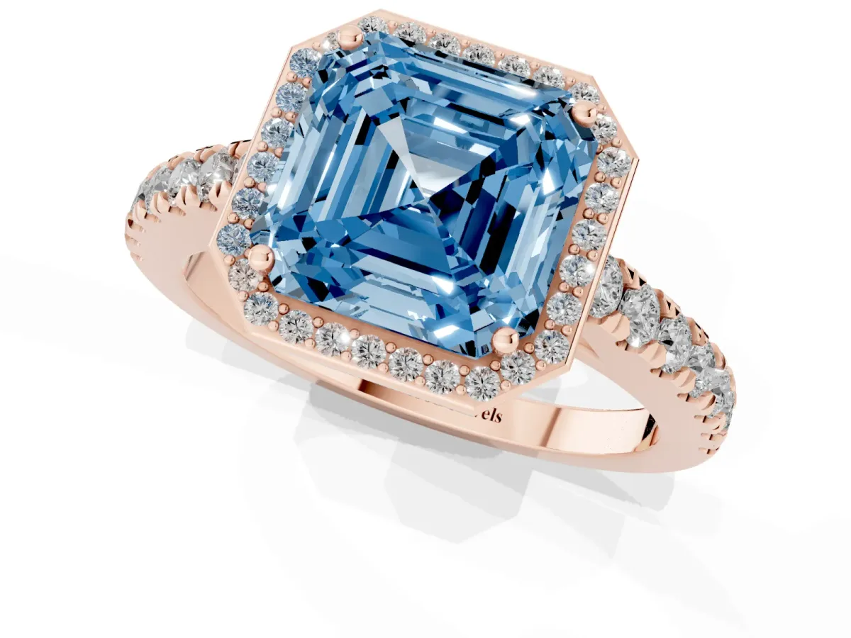 Fancy Blue Asscher Cut Cut Halo Diamond Engagement Ring with Pave Band and Four-Prong Setting Rose gold