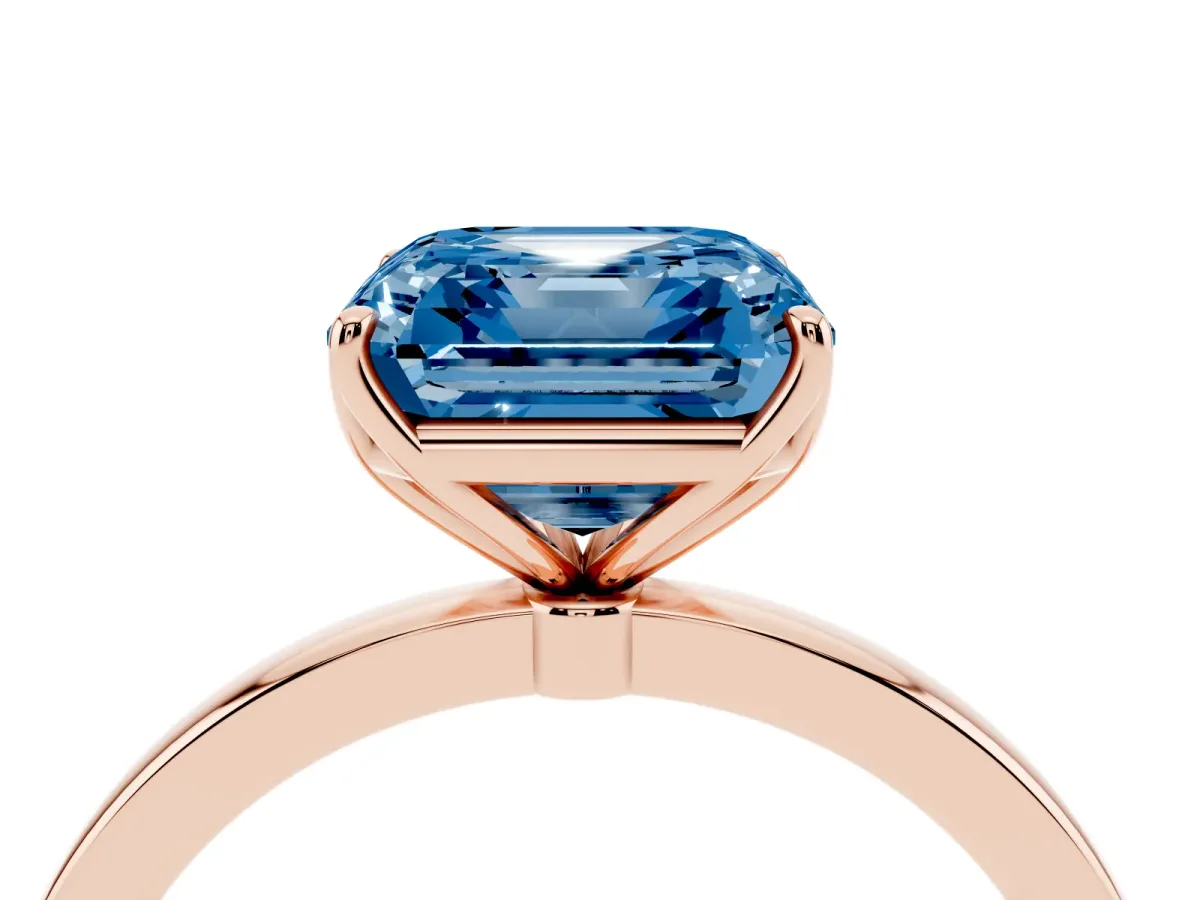 Fancy Blue Asscher Cut Diamond Solitaire Ring with Thin Band and Prong Setting Rose gold