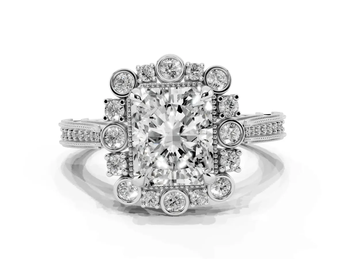 Radiant Cut Halo Milgrain Pave Diamond Ring with Four-Prong Setting Silver