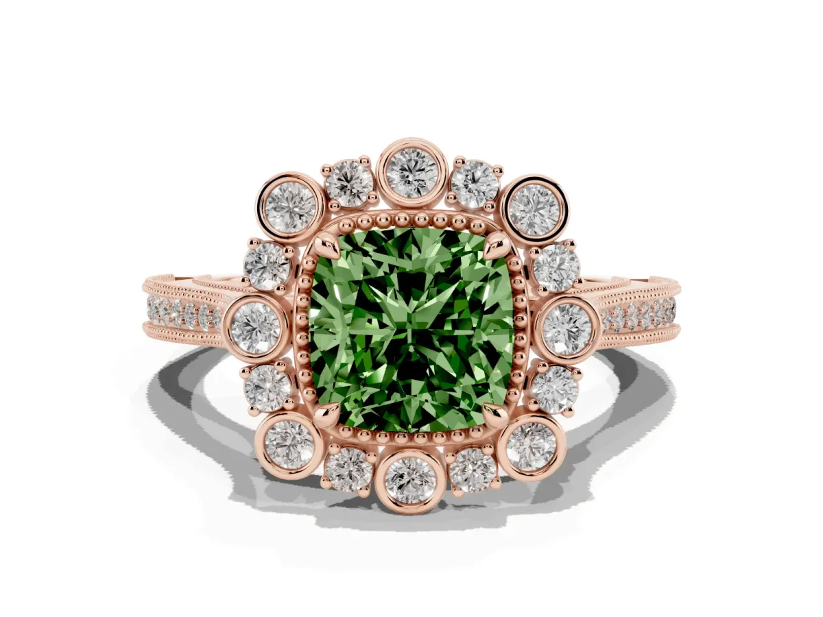 Fancy Green Cushion Cut Halo Milgrain Pave Diamond Ring with Four-Prong Setting Rose gold
