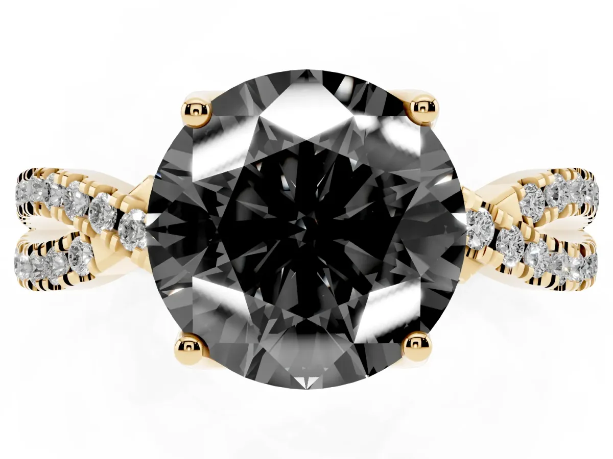 Fancy Black Round Cut Solitaire Twist Pave Diamond Engagement Ring with Prong Setting Yellow gold
