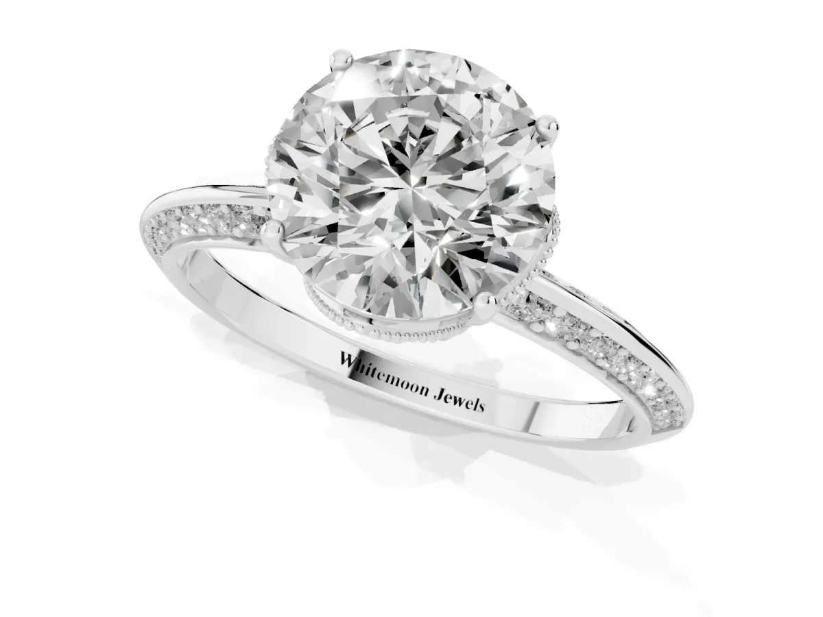 Round Cut Solitaire Split Shank Pave Diamond Engagement Ring with Four-Prong Setting Silver