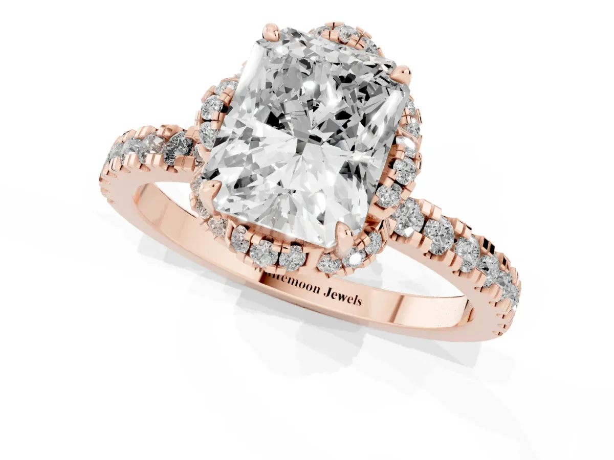 Radiant Cut Halo Diamond Pave Band Ring with Four-Prong Setting Rose gold