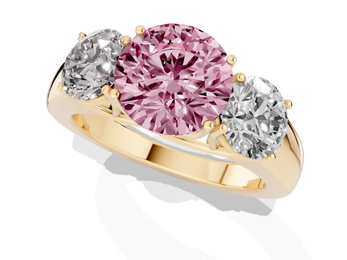 Fancy Pink Three-Stone Round Cut Cut Diamond Ring with Prong Setting and Classic Band Yellow gold