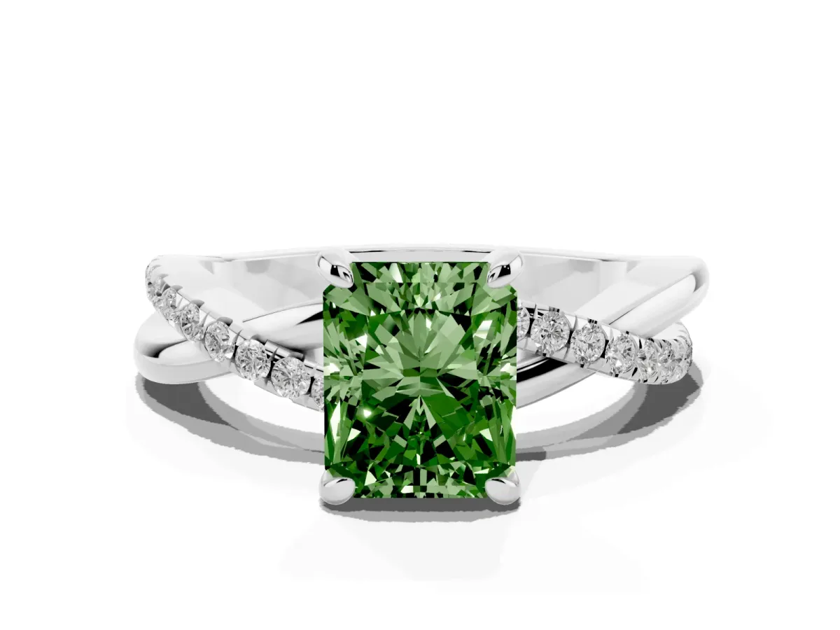 Fancy Green Radiant Cut Cut Diamond Twist Band Solitaire with Prong Setting Silver
