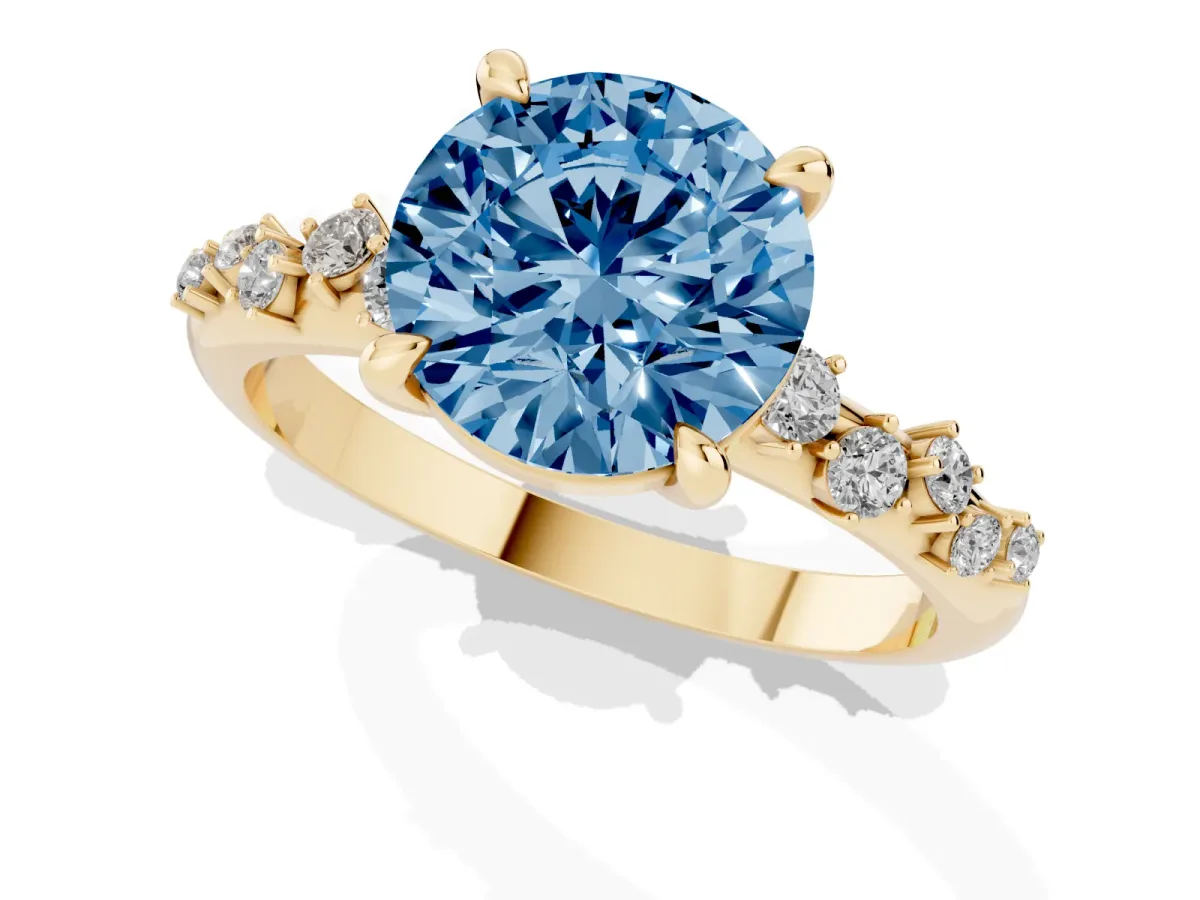 Fancy Blue Round Cut Cut Diamond Vine Band with Four-Prong Setting Yellow gold