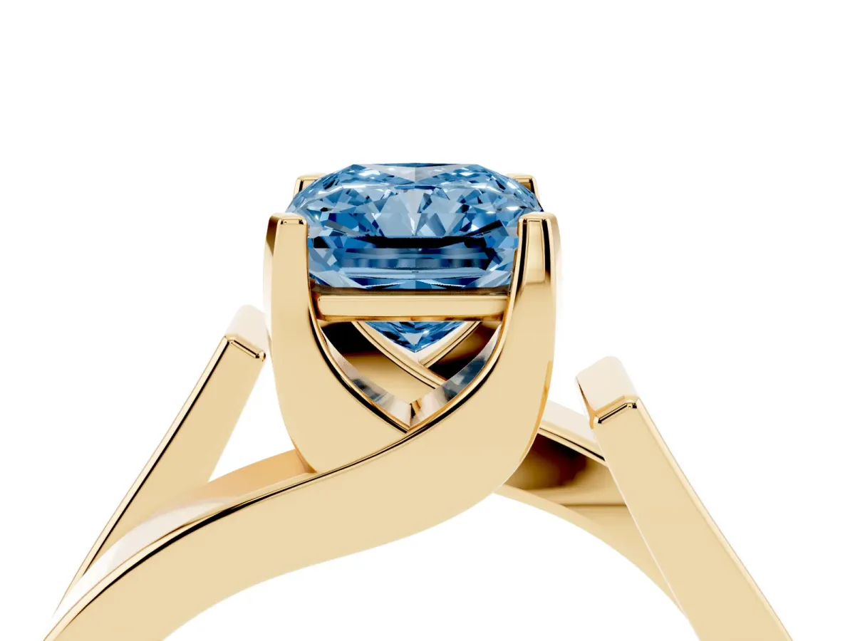 Fancy Blue Modern Tension Set Radiant Cut Diamond Solitaire Wide Band Ring Yellow gold