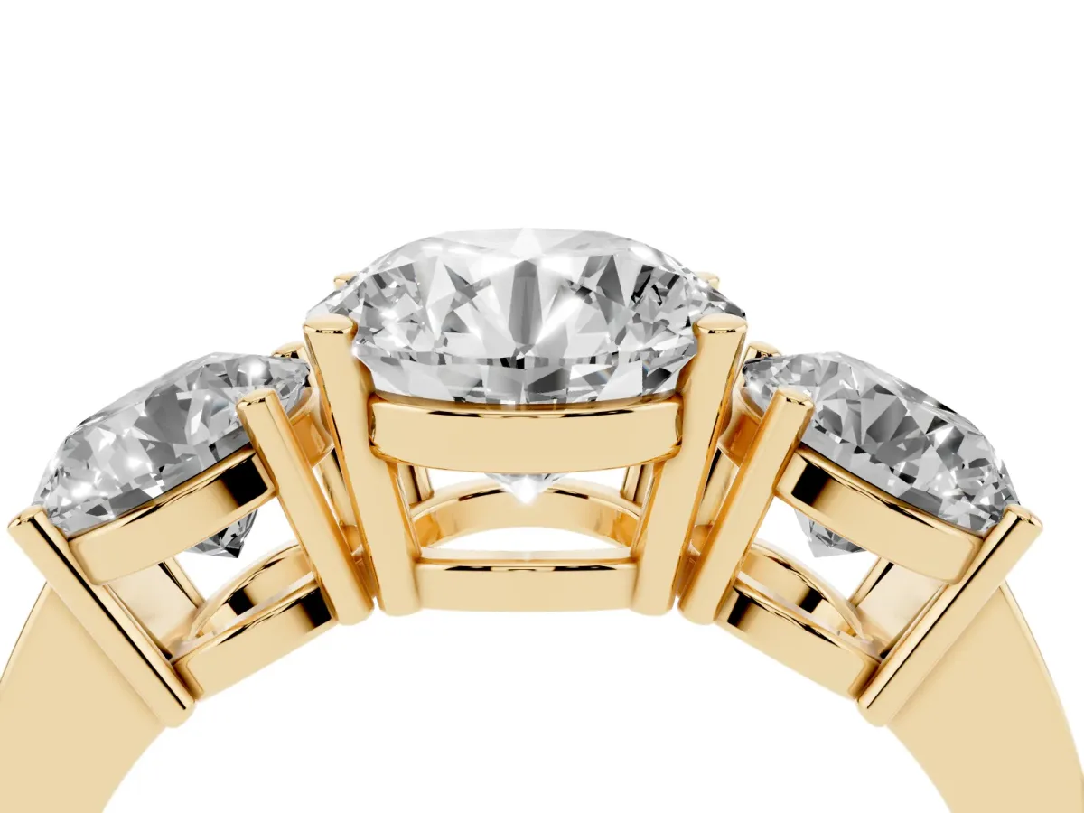 Three-Stone Round Cut Cut Diamond Engagement Ring with Flat Band and Four-Prong Setting Yellow gold