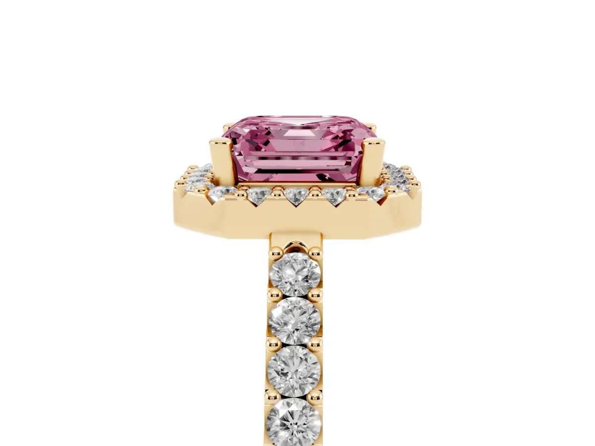 Fancy Pink Asscher Cut Halo Diamond Pavé Solitaire Ring Yellow gold