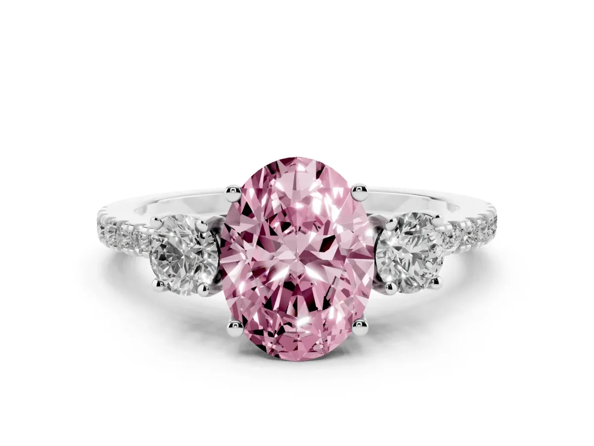Fancy Pink Three-Stone Oval Cut Cut Diamond Pavé Band with Prong Setting Silver