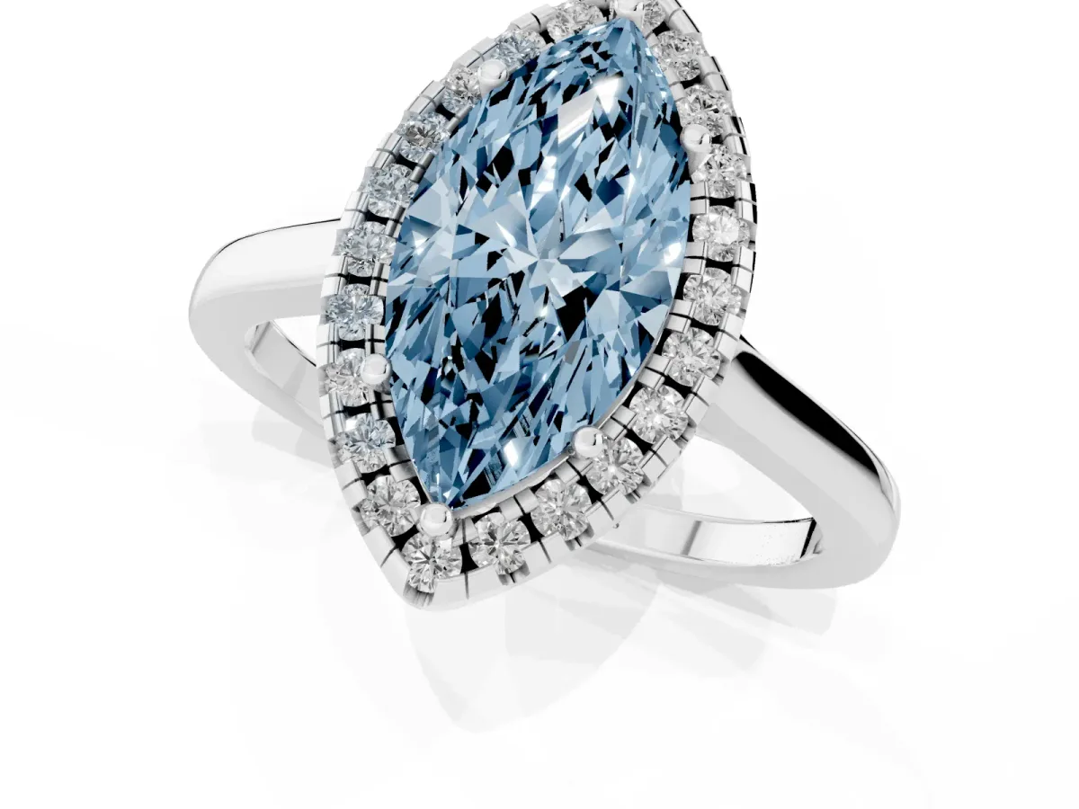 Fancy Blue Marquise Cut Halo Round Diamond Solitaire Ring with Pavé Band and Four-Prong Setting Silver