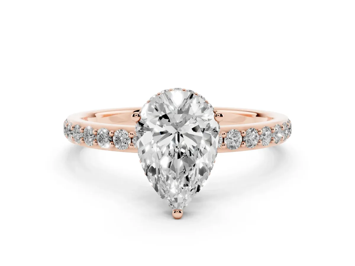 Pear Cut Diamond Solitaire Ring with Pavé Band and Hidden Halo Rose gold