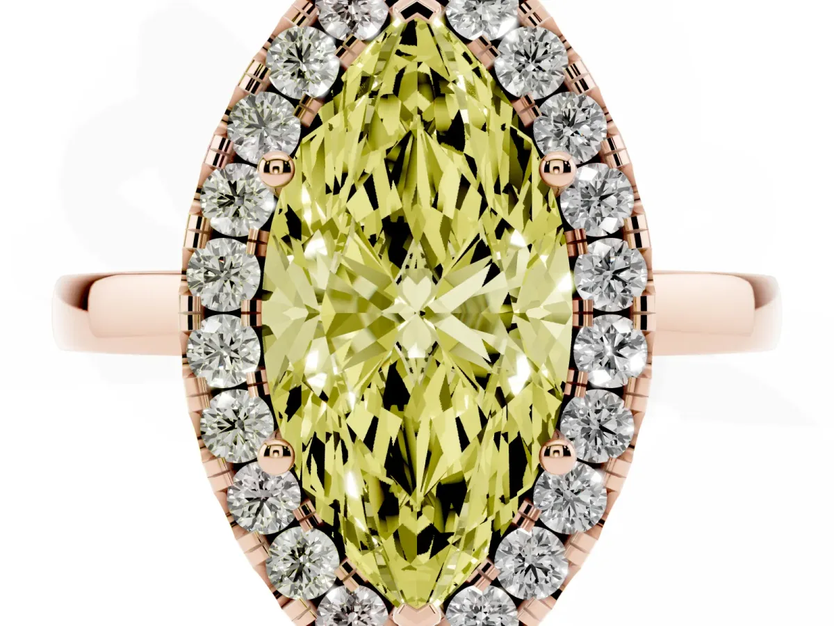 Fancy Yellow Marquise Cut Halo Diamond Solitaire with Pavé Band and Four-Prong Setting Rose gold