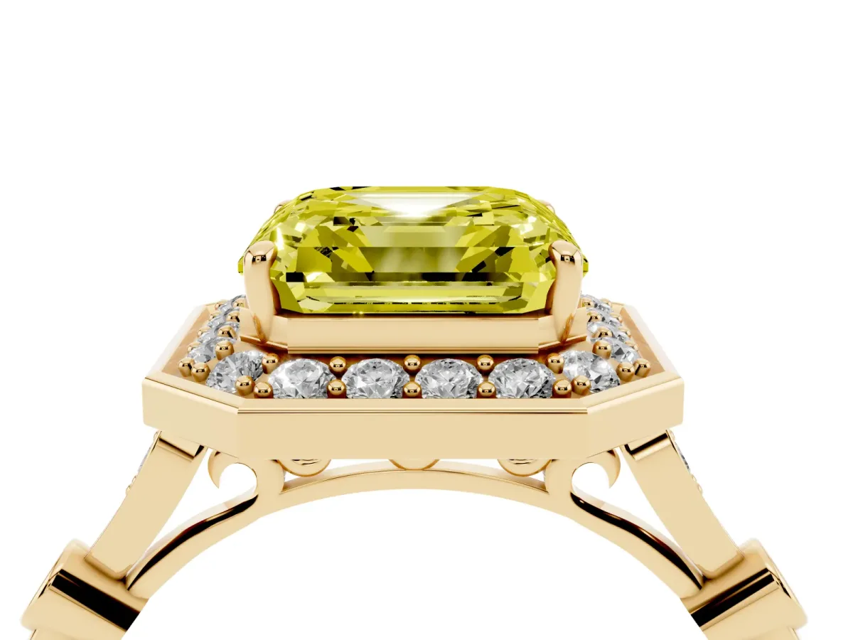 Fancy Yellow Asscher Cut Halo Diamond Engagement Ring with Twisted Band and Four-Prong Setting Yellow gold