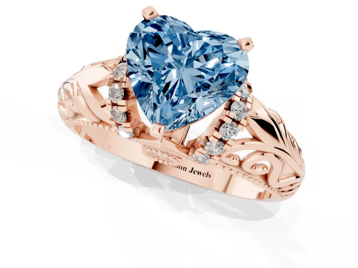 Fancy Blue Heart Cut Solitaire Filigree Engagement Ring with Halo and Prong Setting Rose gold